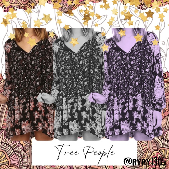 🌻Women’s Free People Lucky Loosey Floral Print Boho Mini Dress Onyx Combo Sz S - Picture 3 of 16